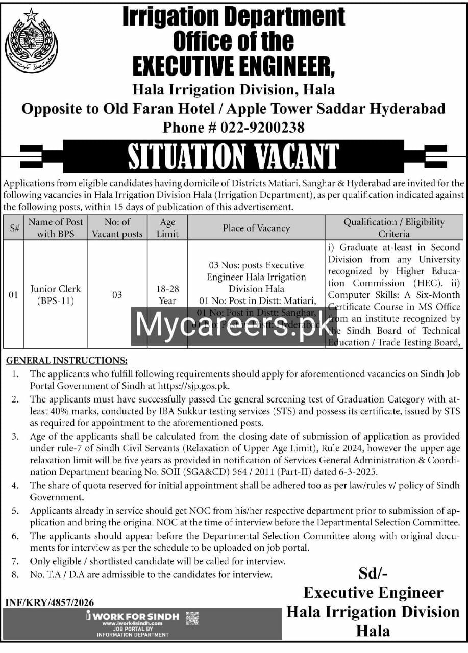 Irrigation Department, Office of the Executive Engineer, Hala Irrigation Division, Hala Jobs Jobs 2026 — original newspaper advertisement