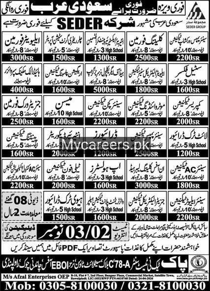 Technical Diploma and Senior Technician Jobs in Saudi Arabia – SEDER Group (via M/s Afzal Enterprises OEP) Jobs 2026 — original newspaper advertisement