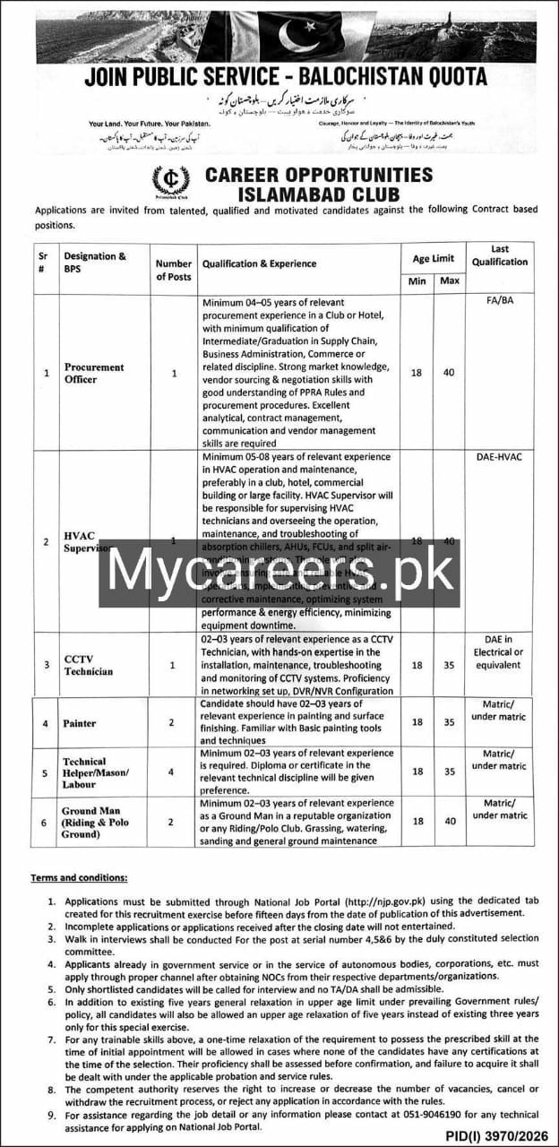Islamabad Club Jobs 2026 – Government of Balochistan Jobs 2026 — original newspaper advertisement