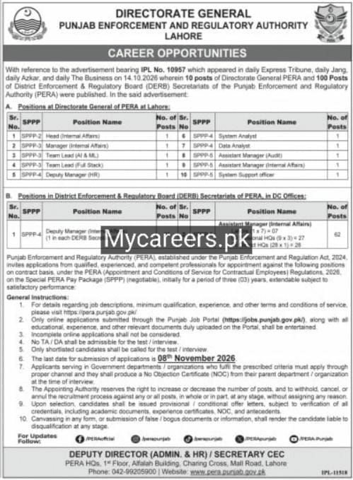 Directorate General Punjab Enforcement and Regulatory Authority (PERA), Lahore Jobs Jobs 2026 — original newspaper advertisement
