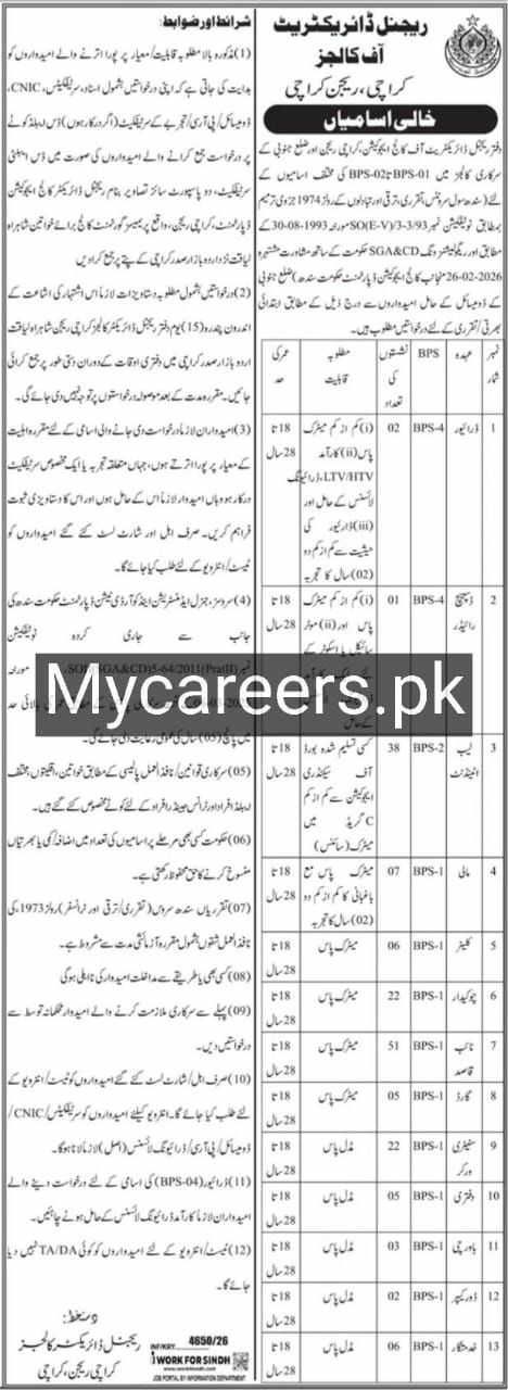 Regional Directorate of Colleges, Karachi Region, Karachi Jobs 2026 Jobs 2026 — original newspaper advertisement