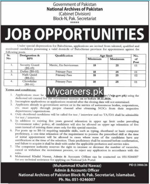 National Archives of Pakistan (Cabinet Division), Block-N, Pak. Secretariat Jobs 2026 Jobs 2026 — original newspaper advertisement