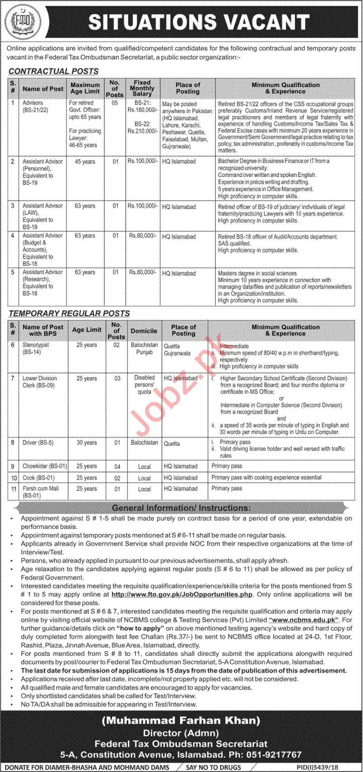 Jobs in Federal Tax Ombudsman Secretariat Islamabad – Federal Tax Ombudsman Secretariat Pakistan Islamabad Jobs 2019 — original advertisement