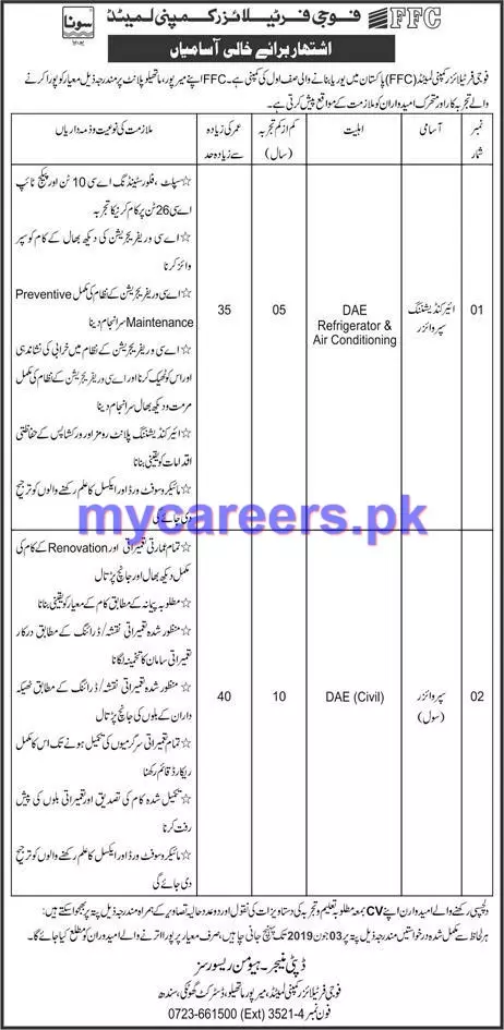 Jobs in Fauji Fertilizer Company LTD Mirpur Methlo Sindh Jobs 2019 — original advertisement
