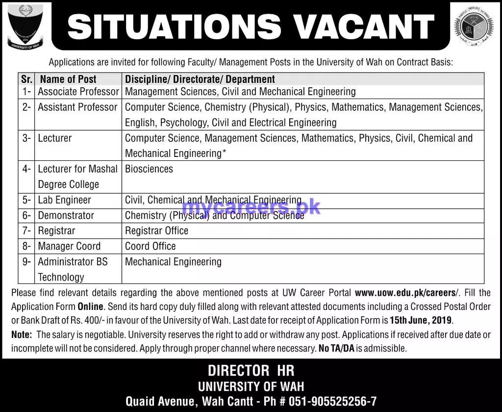 Jobs in University of Wah – University of Wah Wah Cantt Jobs 2019 — original advertisement