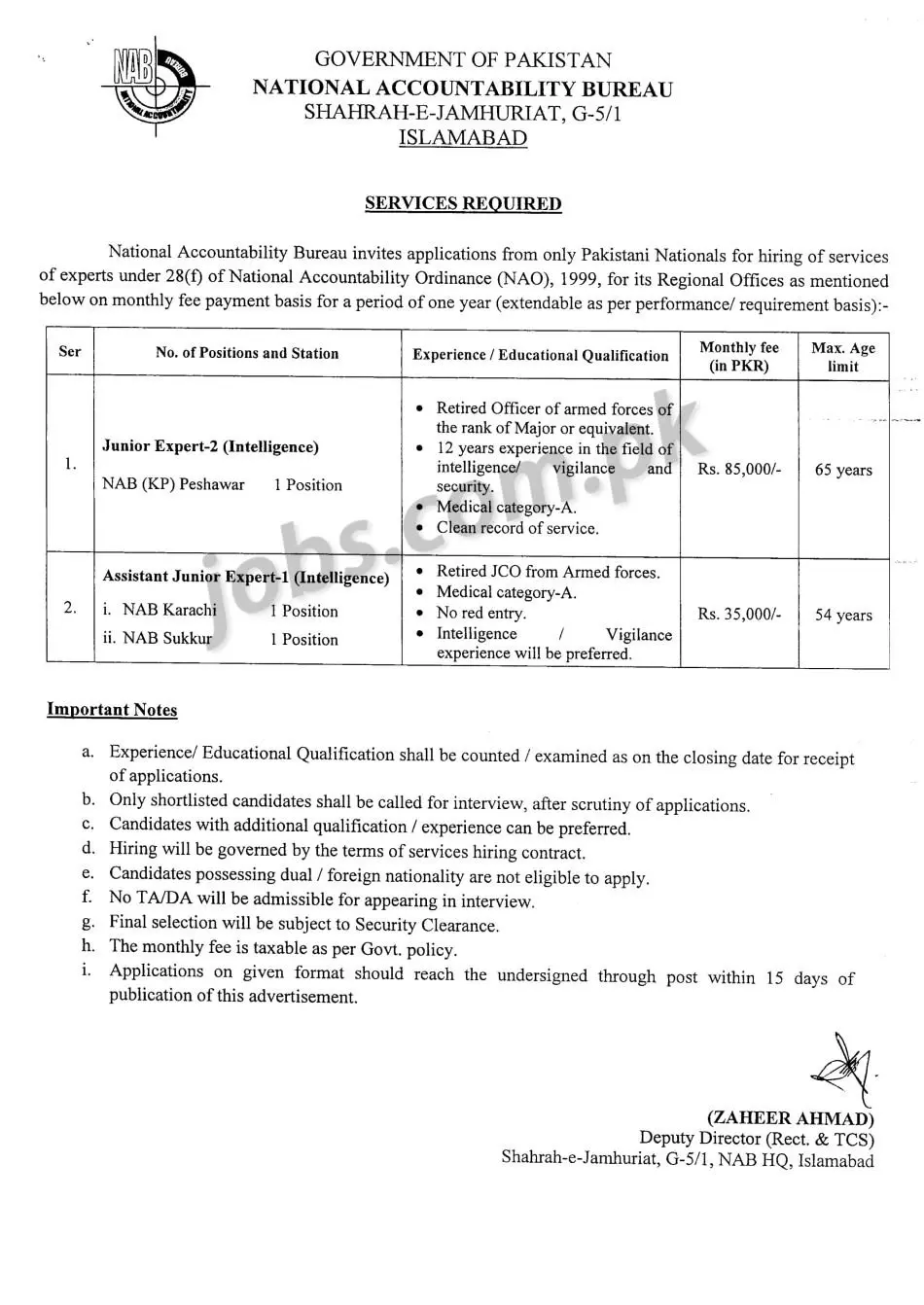 Jobs in National Accountability Bureau (NAB) KPK & Sindh Jobs 2019 — original advertisement