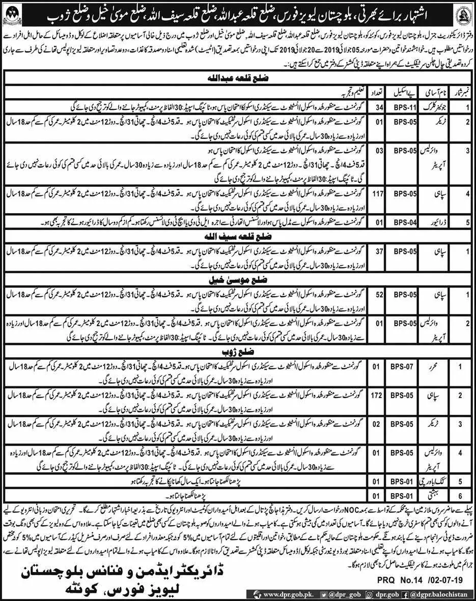 Jobs in Levies Force Kill Abdullah, K Saifullah,Musakhail – Balochistan Levies Force Jobs 2019 — original advertisement
