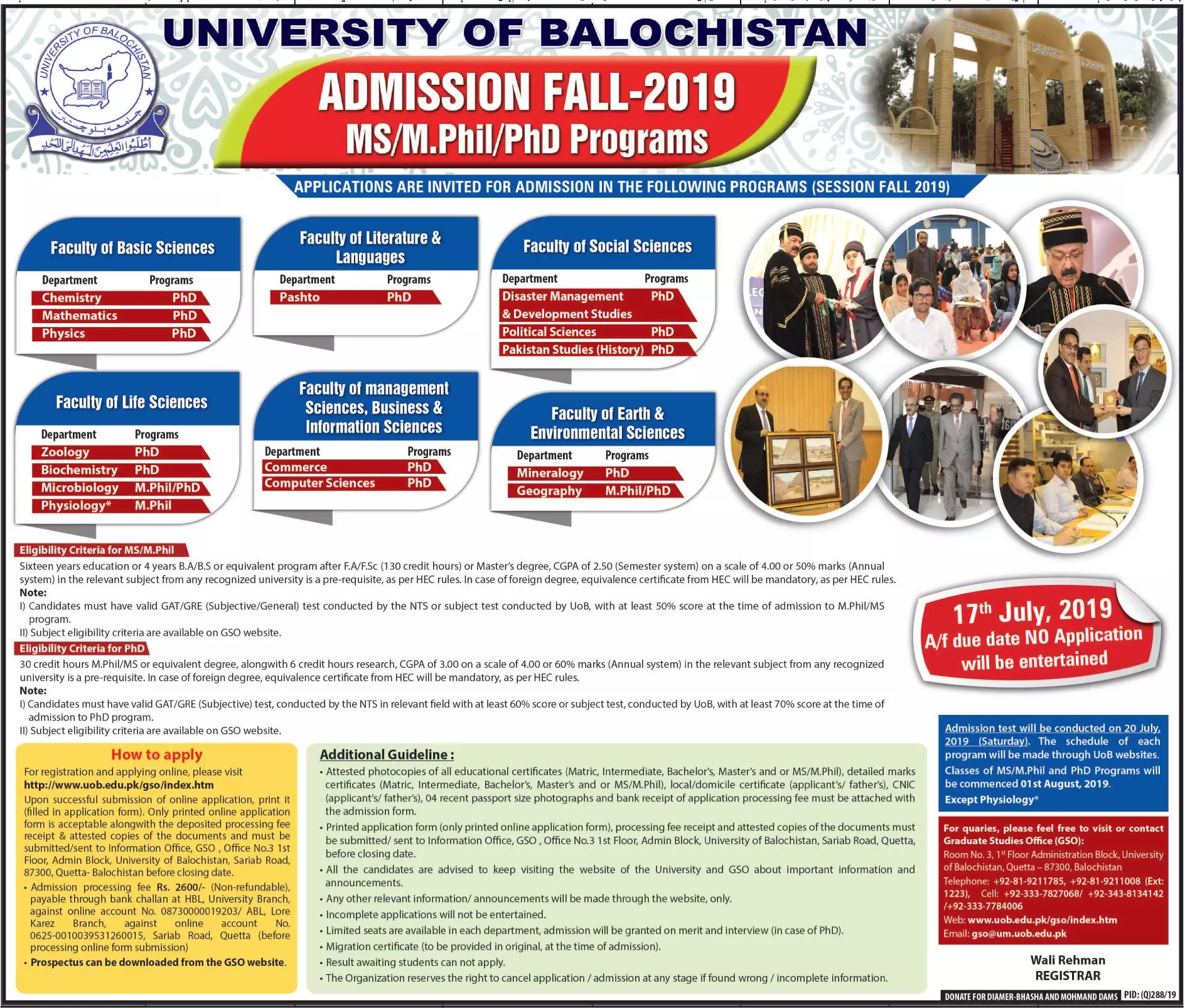 admission in University of Balochistan MS, MPhil Program Admissions 2019 — original advertisement