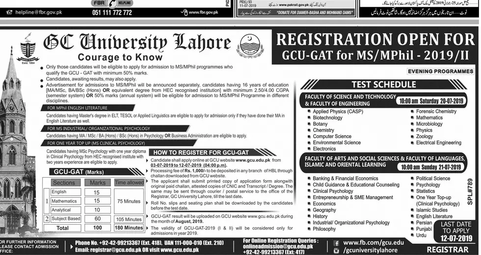 Registration MS.Mphil GC University Lahore – Government College University Lahore Jobs 2019 — original advertisement