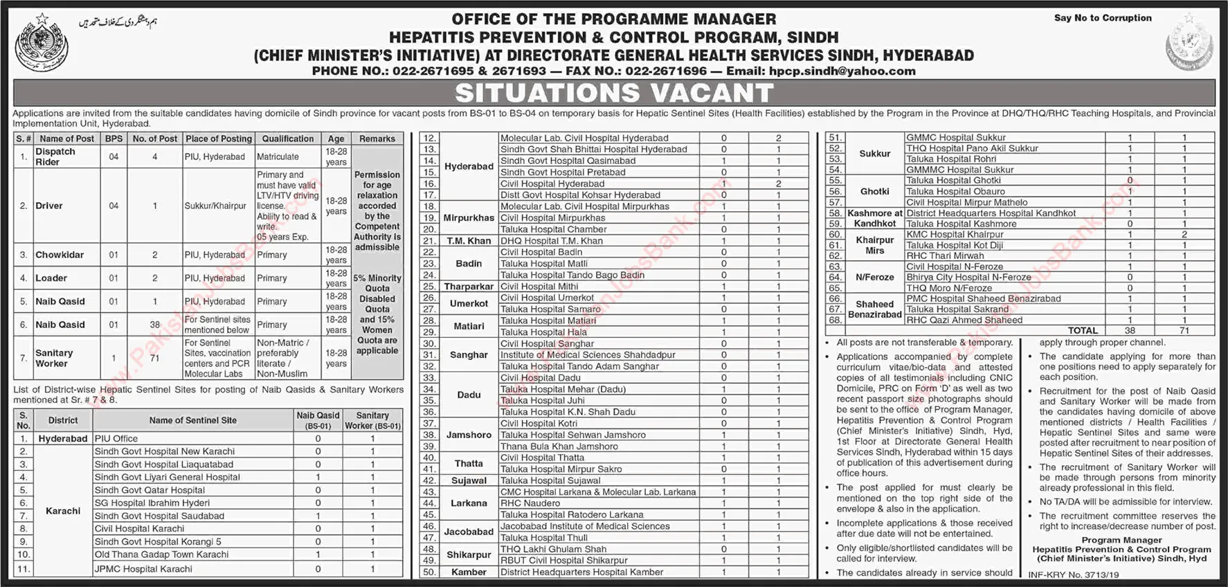 Jobs in Hepatitis Prevention and Control Program SIndh Jobs 2019 — original advertisement