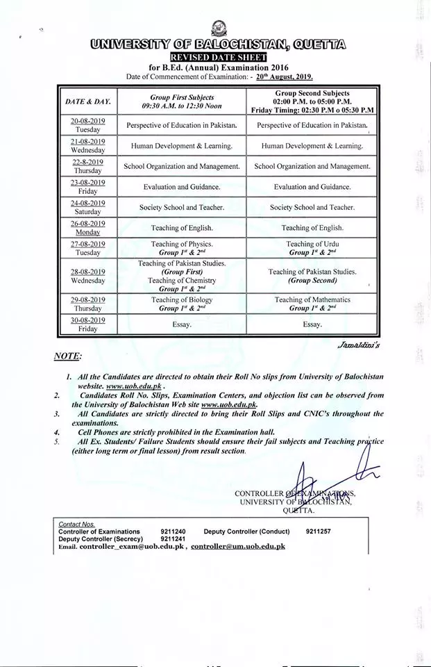 Revised Date Sheet BED university of Balochsitan Quetta – University of Balochistan Jobs 2019 — original advertisement