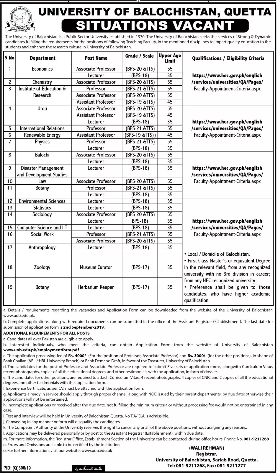 Jobs in University of Balochistan Jobs 2019 — original advertisement