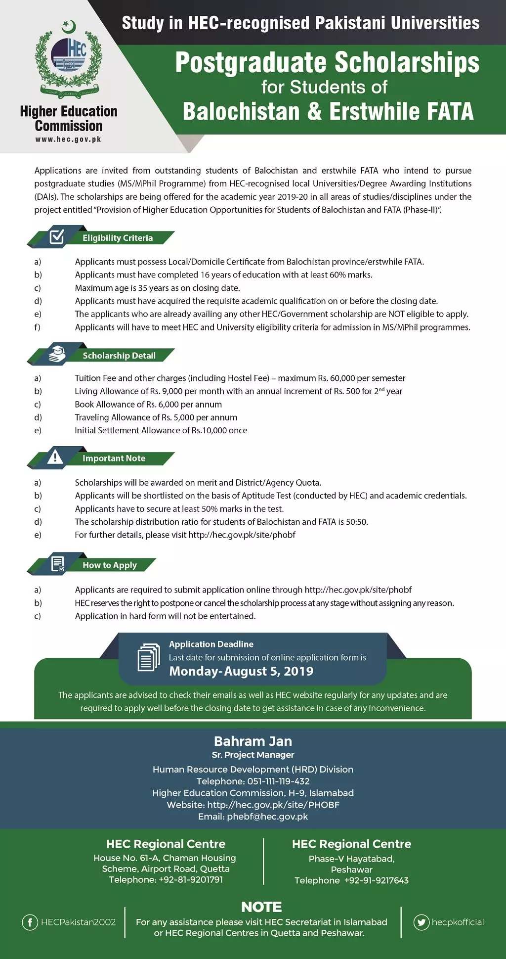 POSTGRADUATE SCHOLARSHIP FOR STUDENTS OF BALOCHISATN & FATA – Higher Education Commission Islamabad Scholarships 2019 — original advertisement