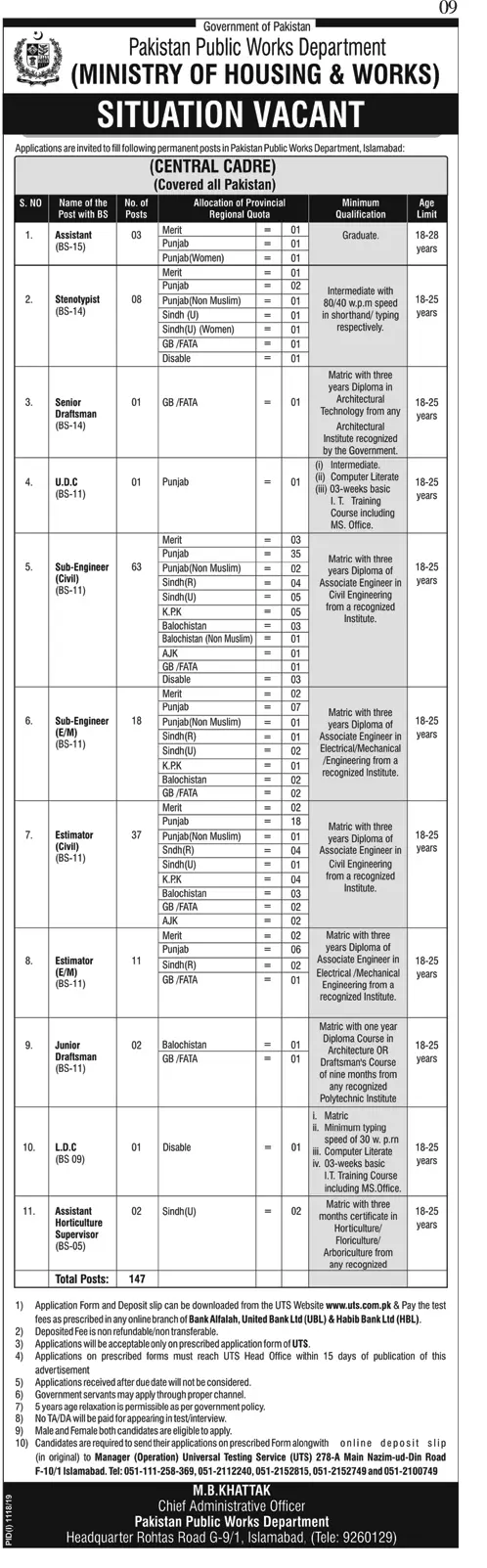 Jobs in Pakistan Public Works Department Pakistan Jobs 2019 — original advertisement