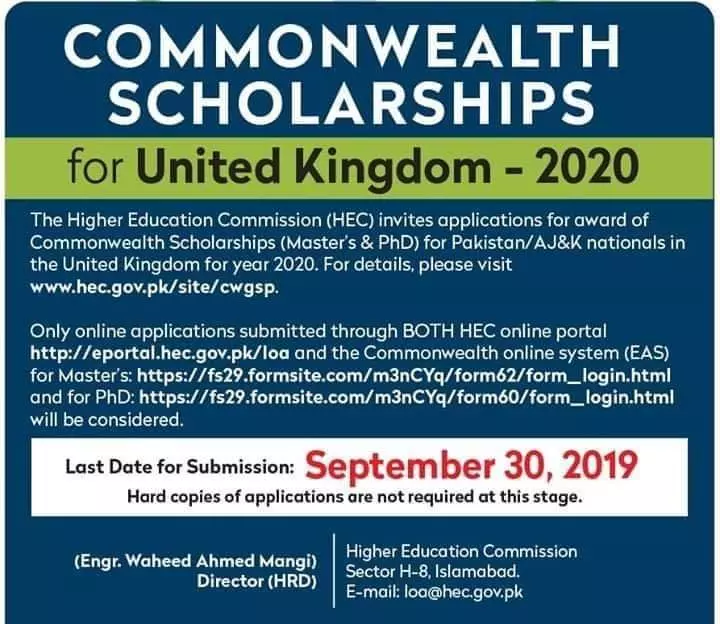 HEC Commonwealth Scholarships for UK – Higher Education Commission Islamabad Scholarships 2019 — original advertisement