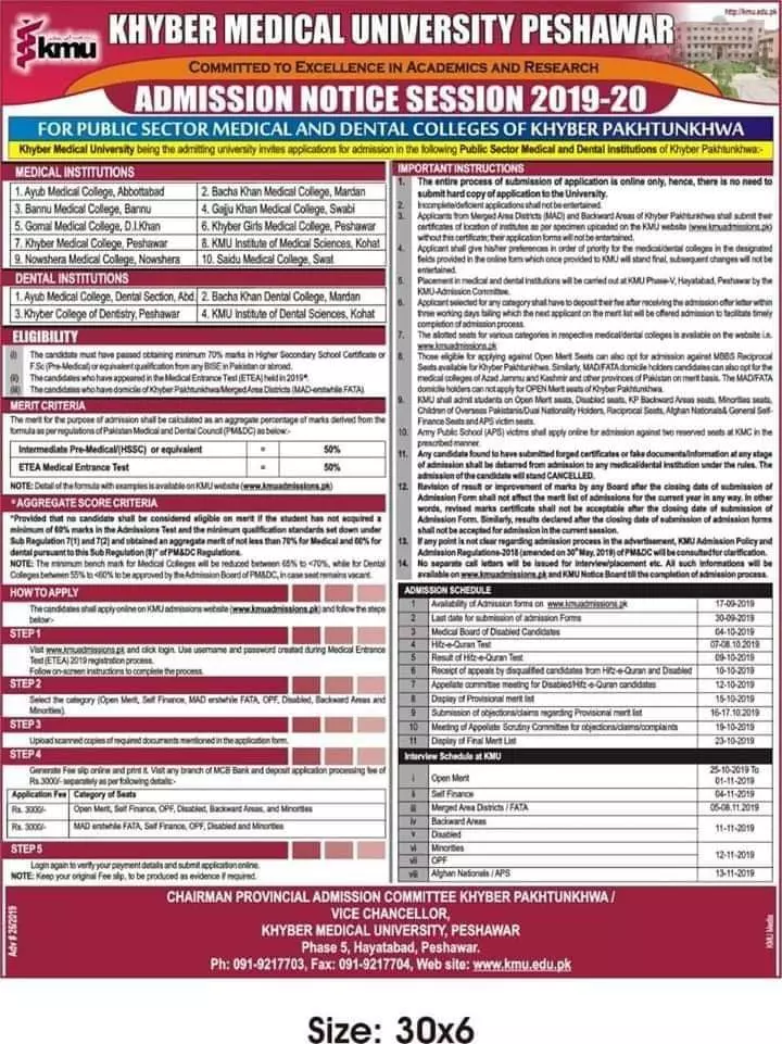 Admission Notice Medical Dental Colleges of KPK – Khyber Medical University Peshawar Admissions 2019 — original advertisement