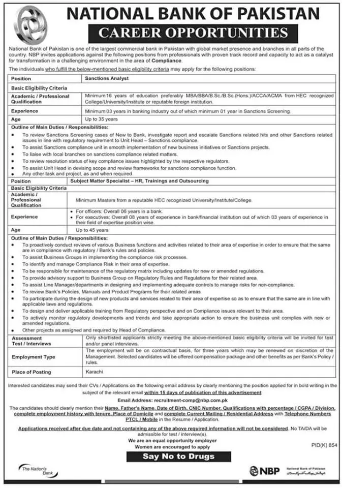 Jobs in National Bank of Pakistan Jobs 2019 — original advertisement