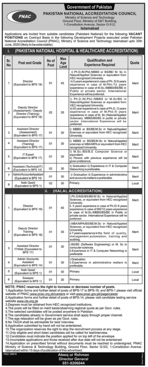 Jobs Pakistan National Accreditation Council islamabad Jobs 2019 — original advertisement