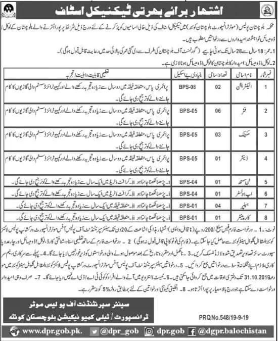 Jobs in Balochistan Police Motor Transport Quetta – Balochistan Police Department Jobs 2019 — original advertisement