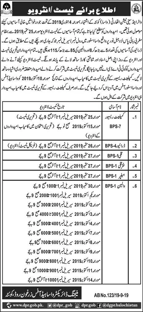 Interview Schedule Water and Sanitation Authority Quetta Jobs 2019 — original advertisement