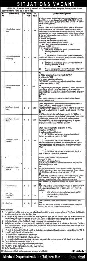 Jobs in Children's Hospital Faisalabad – Children Hospital Faisalabad Jobs 2019 — original advertisement