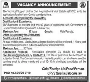 Jobs in Civil Registration Vital Statistics CRVS Quetta Jobs 2019 — original advertisement