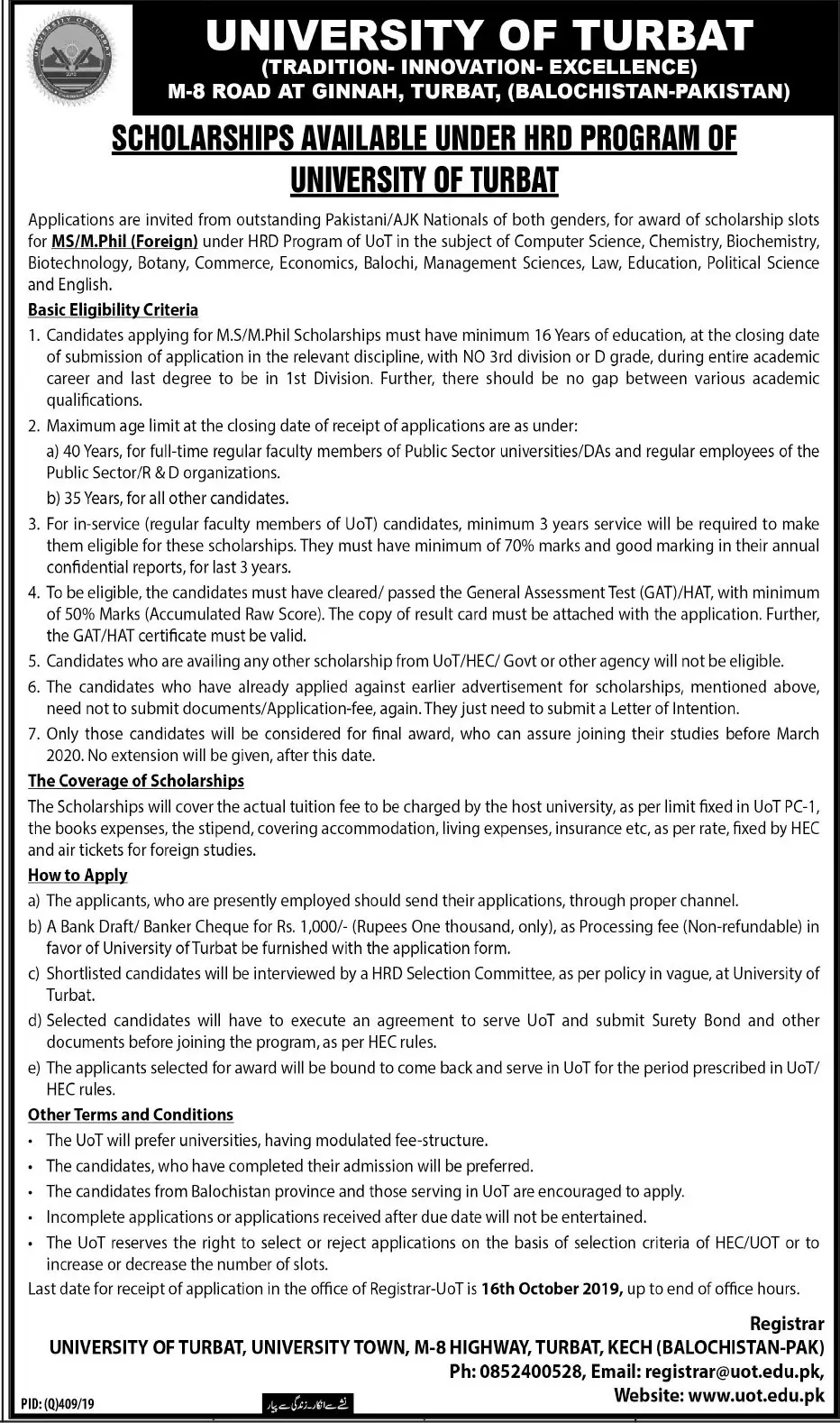 Scholarships University of Turbat for MS.Mphill Scholarships 2019 — original advertisement