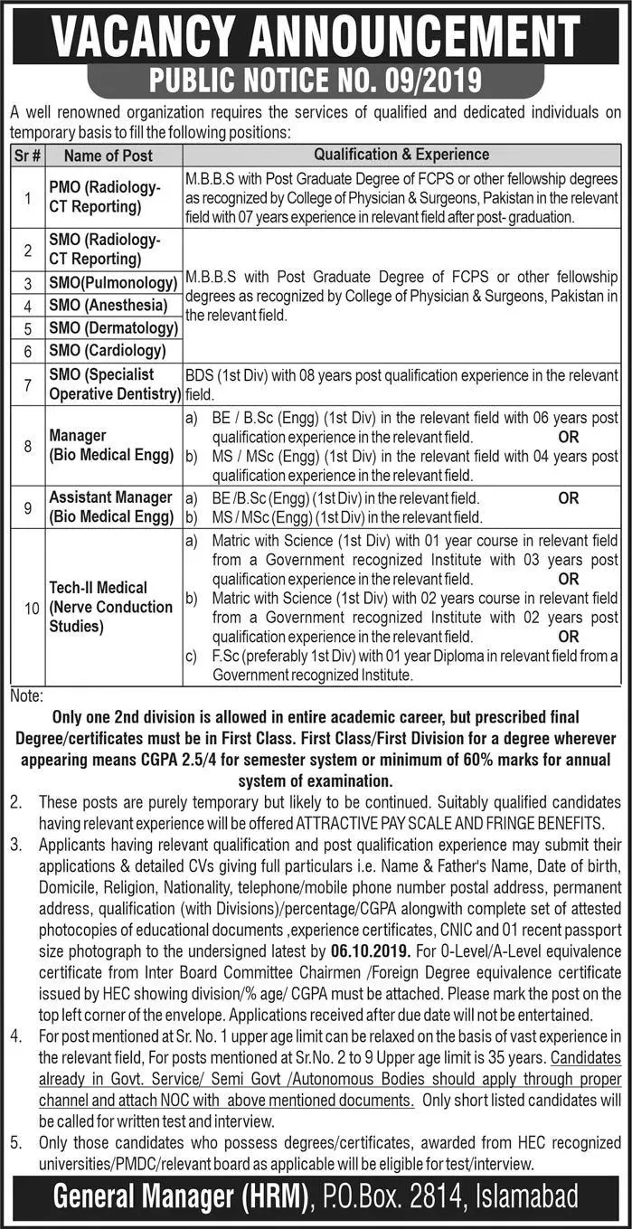 Jobs in Renowned Organization Quetta – Renowned Organization Islamabd Jobs 2019 — original advertisement
