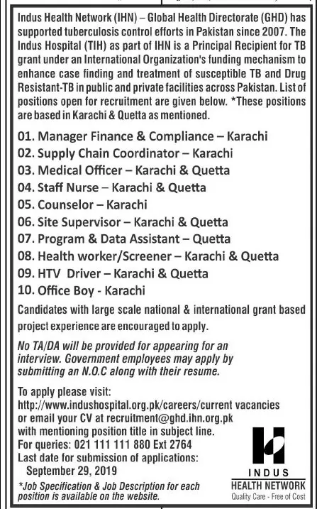 Jobs in Indus Health Network Karachi Jobs 2019 — original advertisement