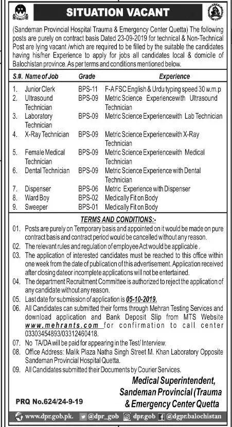 Jobs in Trauma & Emergency Center Quetta Jobs 2019 — original advertisement