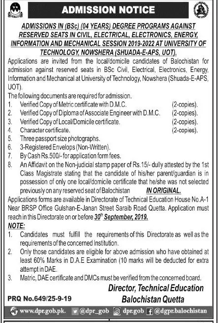 Admissions Balochistan BSc Engineering Reserved Seats – Colleges Higher and Technical Education Department Balochsitan Admissions 2019 — original advertisement