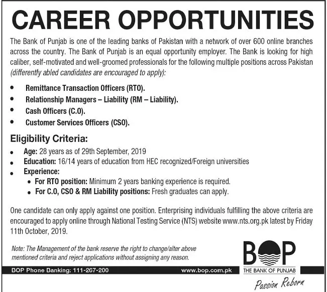 Jobs in Bank of Punjab Jobs 2019 — original advertisement