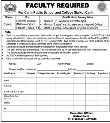 Jobs in Cant Public School & College Sialkot – Cantonment Board Jobs 2019 — original advertisement