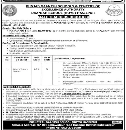 Jobs in Daanish Schools Punjab – Punjab Daanish School Jobs 2019 — original advertisement