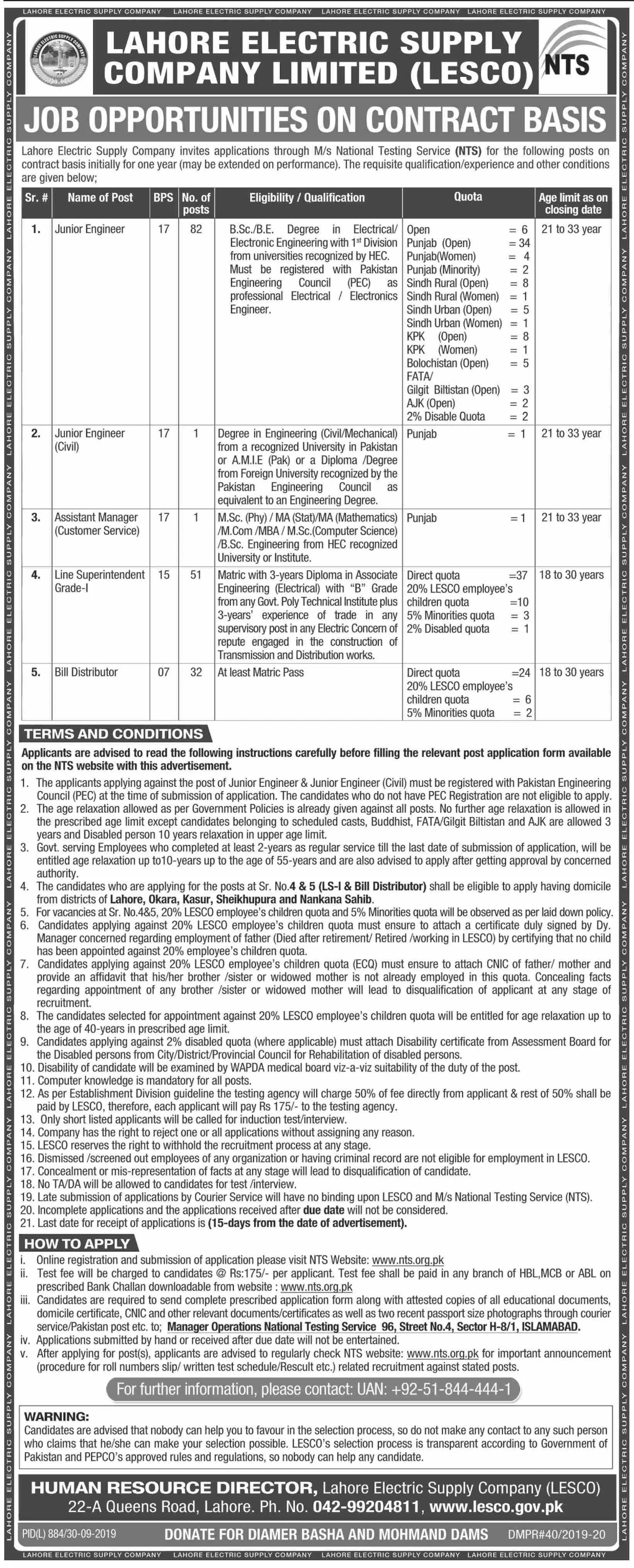 Jobs in Lahore Electric Supply Company LESCO Lahore Jobs 2019 — original advertisement