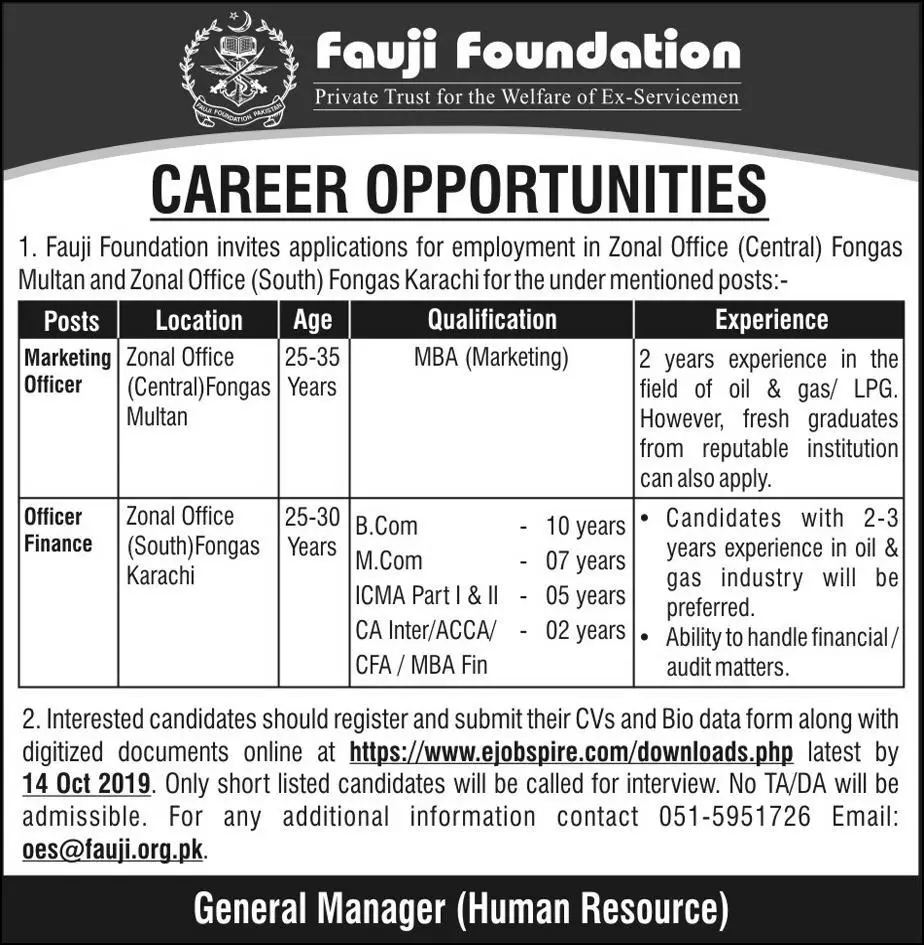 Jobs in Fauji Foundation – Fauji Foundation Rawalpindi Jobs 2019 — original advertisement