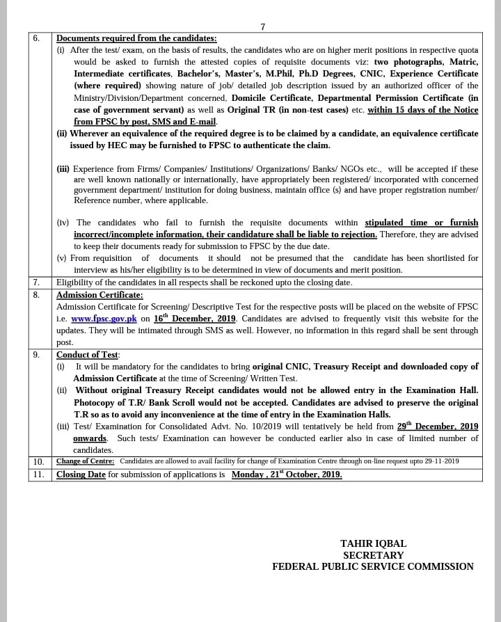 Jobs Federal Public Service Commission Islamabad  No. 10/19 Jobs 2019 — original advertisement