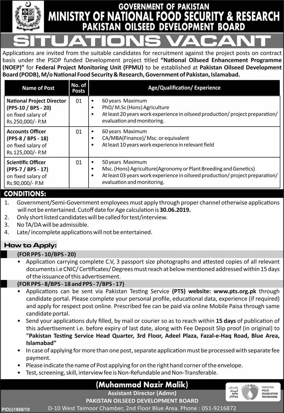 Jobs Ministry of National Food Security & Research Islamabad Jobs 2019 — original advertisement