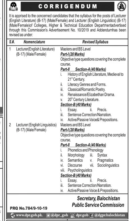 Revised Syllabus for Lecturer Post BPSC Balochsitan – Balochistan Public Service Commission Quetta Balochsitan Jobs 2019 — original advertisement