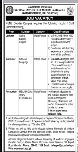 Jobs NUML University Gawadar – National University of Modern Languages Islamabad Jobs 2019 — original advertisement