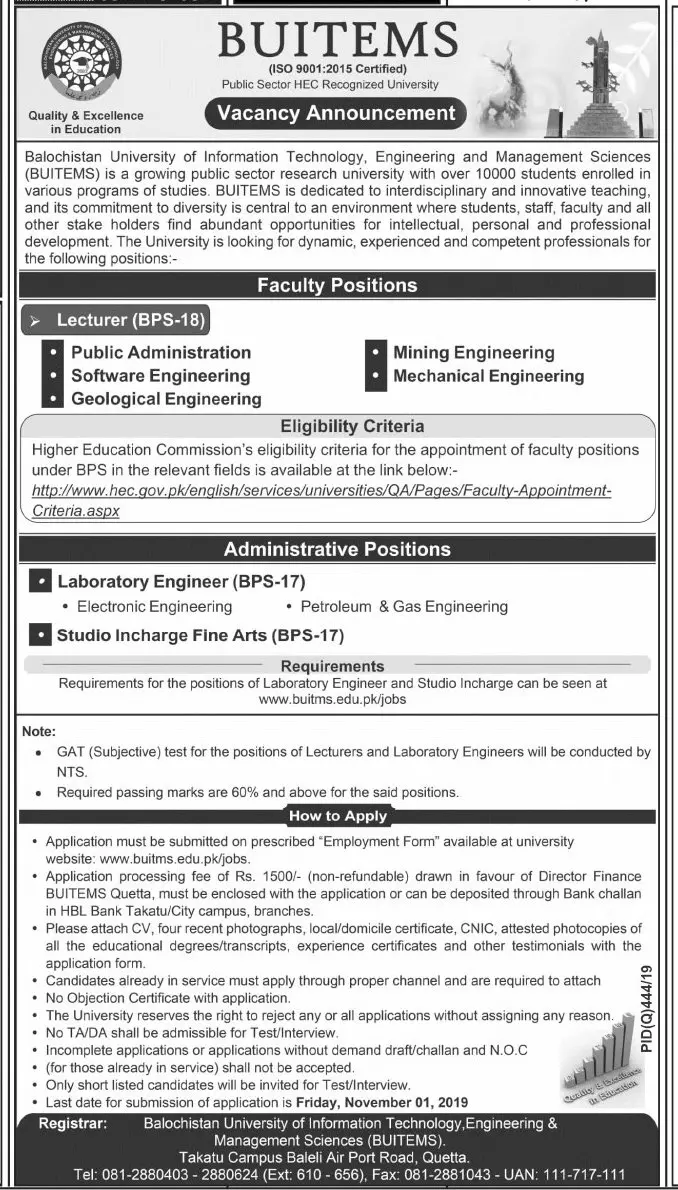 Jobs BUITMS Quetta – Balochistan University of Information Technology & Management Science Quetta Jobs 2019 — original advertisement