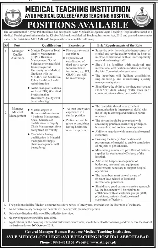Jobs MTI Ayub Medical and Teaching Institution Abbottabad Jobs 2019 — original advertisement