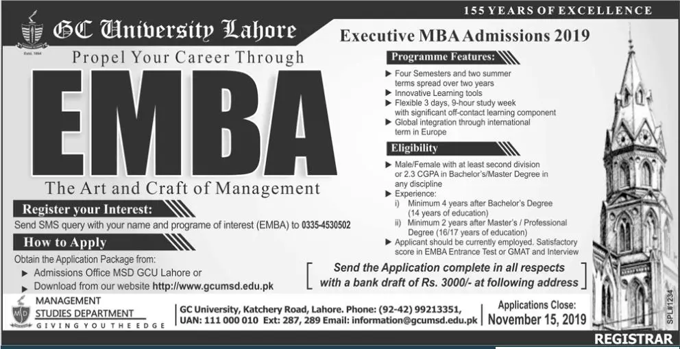 Admission in EMBA GC university Lahore – Government College University Lahore Admissions 2019 — original advertisement