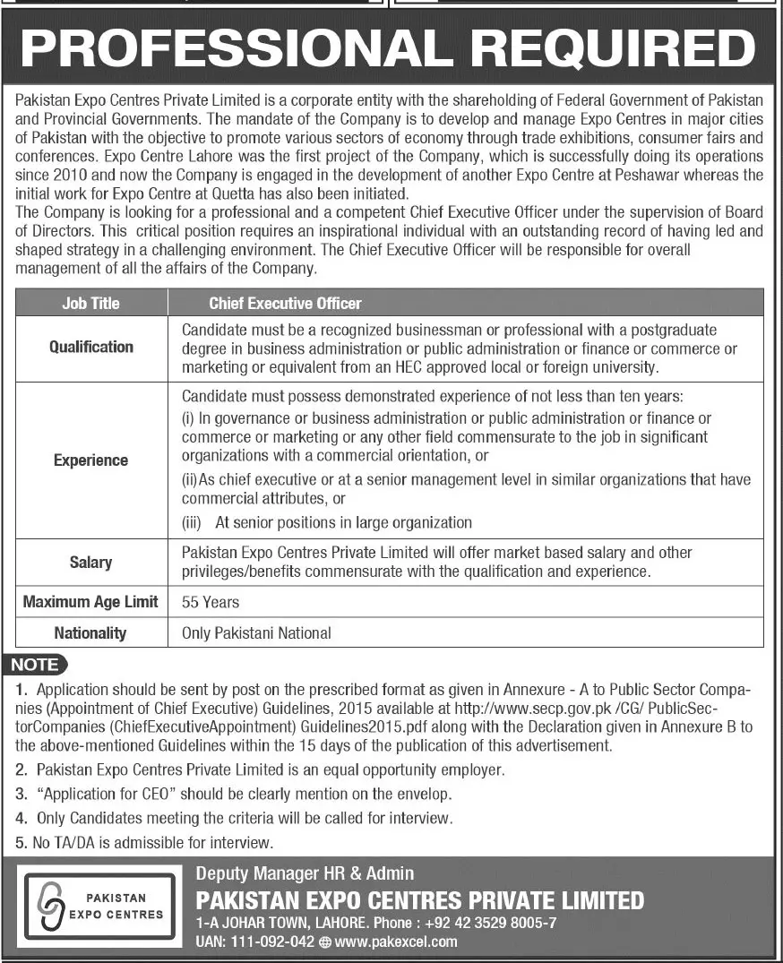 Jobs Pakistan Expo Centres Private Limited Jobs 2019 — original advertisement