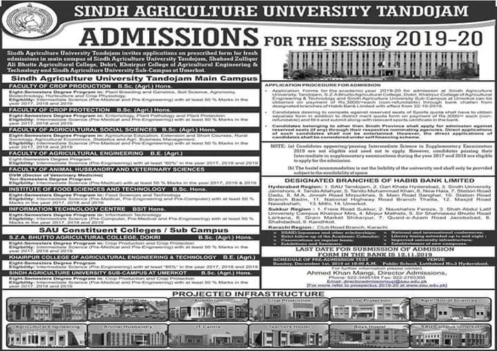 Admissions Sindh Agriculture University Tandojam Admissions 2019 — original advertisement