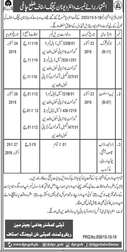 Test Interviews Education Deptt District Chaghi – Education Department Balochsitan Jobs 2019 — original advertisement