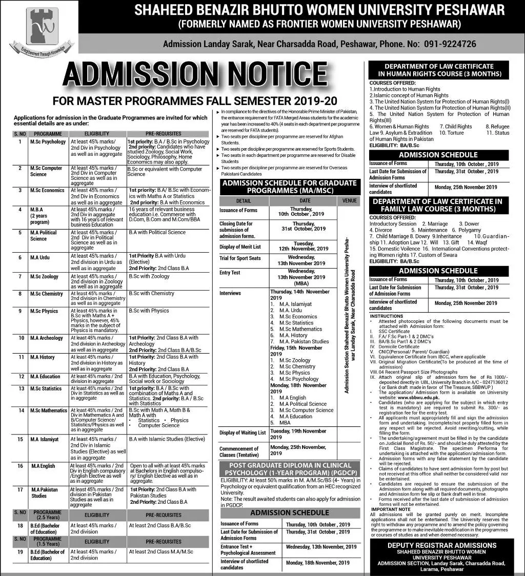 Admission Shaheed Benazir Bhutto Women University Peshawar Admissions 2019 — original advertisement