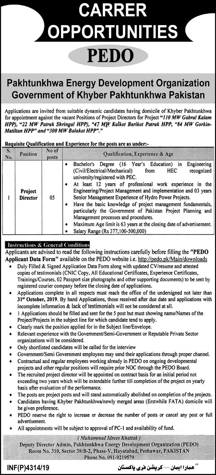 Job Pakhtunkhwa Energy Development Organization PEDO KPK – Khyber Pakhtunkhwa Energy Development Organization Jobs 2019 — original advertisement