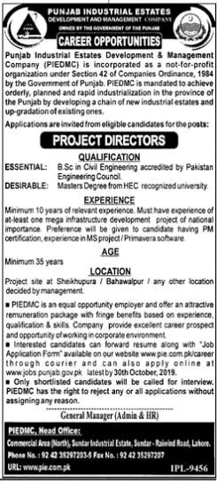 Jobs Punjab Industrial States Development & Management Compa – Punjab Industrial Estates Development & Management Company Jobs 2019 — original advertisement