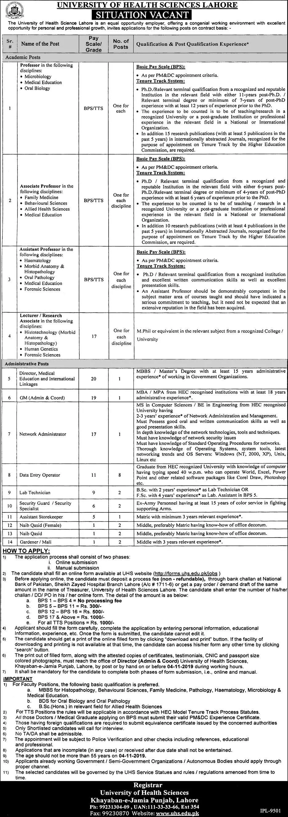 Jobs University of Health Sciences Lahore Jobs 2019 — original advertisement